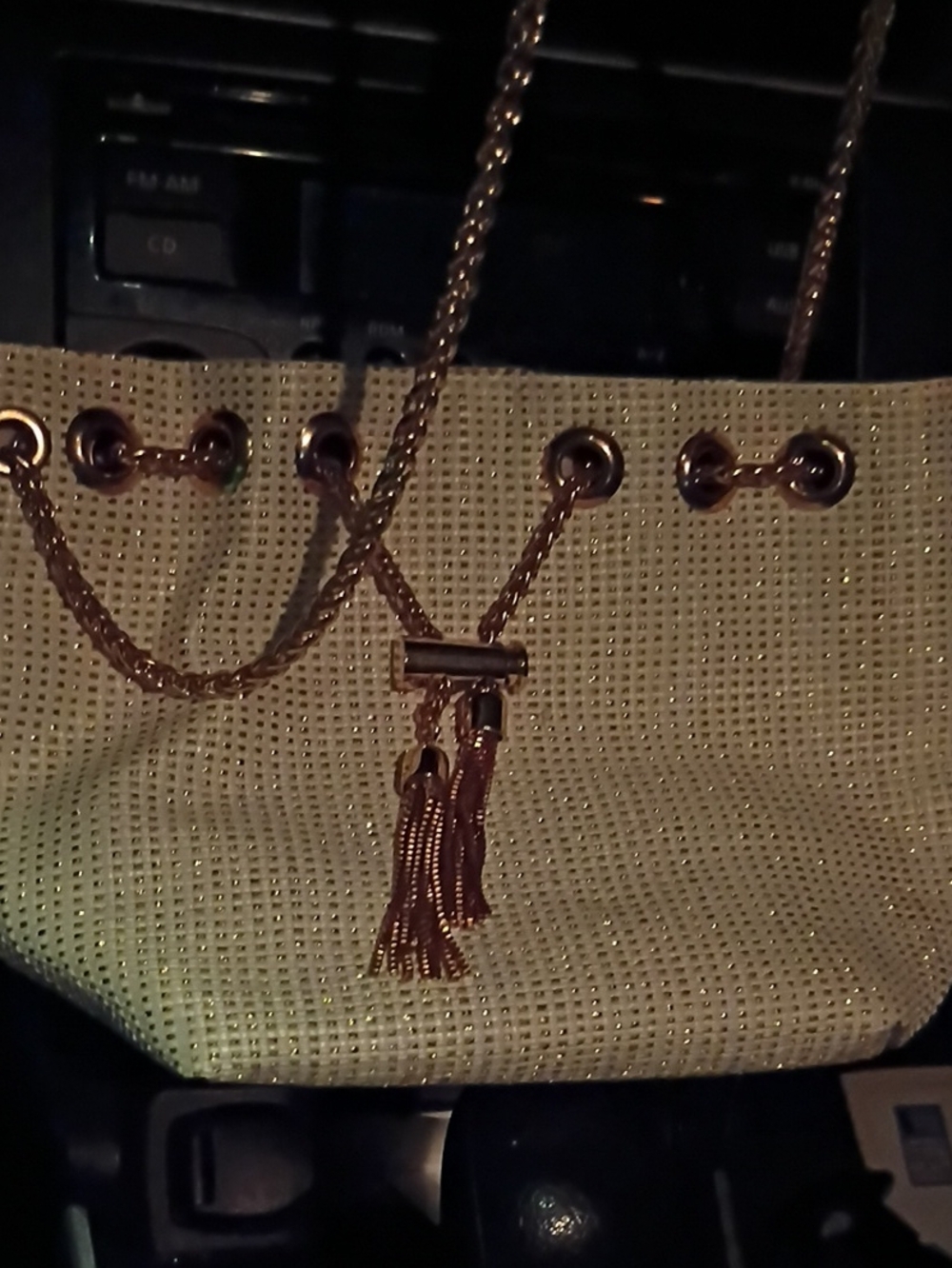 Woven Straw Shoulder Bag with Gold Chain Tassel - Cream
